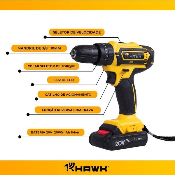 Parafusadeira E Furadeira Hawk 20v Impacto – Bateria Li-íon 1.5ah, Bivolt - Yuri Ferramentas