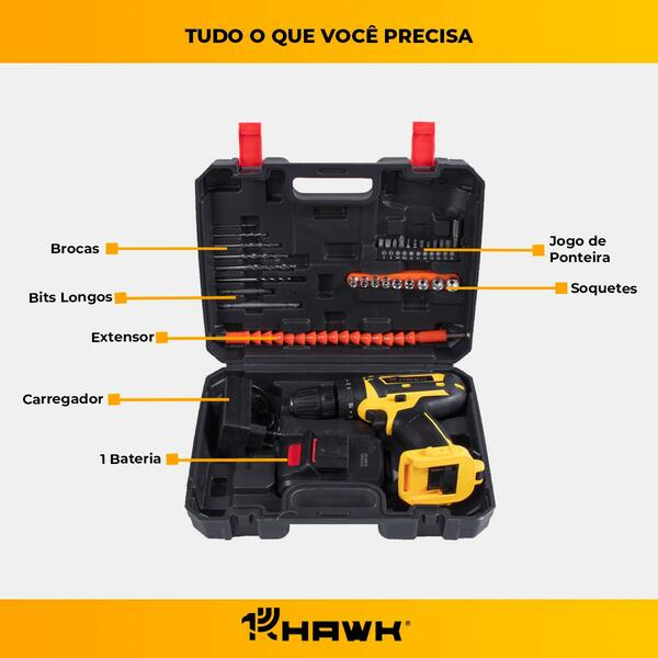 Parafusadeira E Furadeira Hawk 20v Impacto – Bateria Li-íon 1.5ah, Bivolt - Yuri Ferramentas